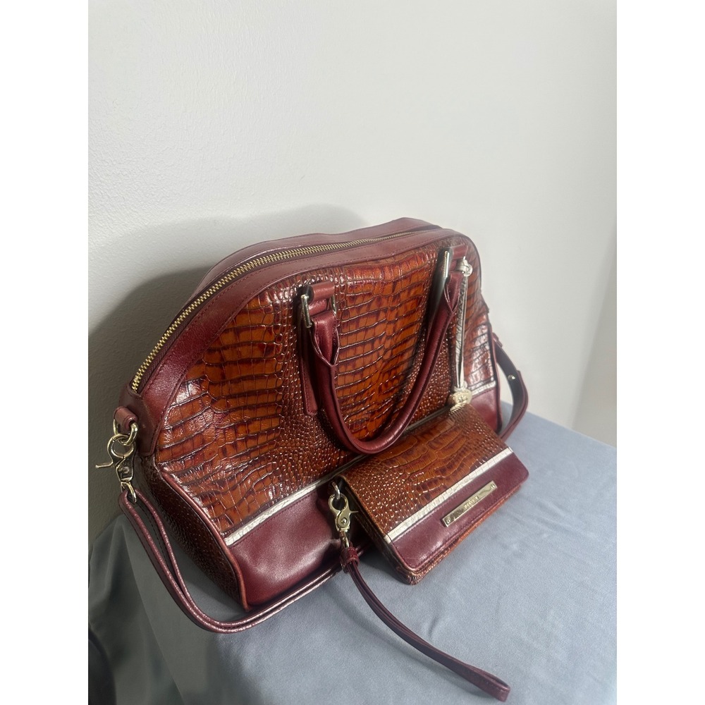 Brahmin Burgundy Brown Croc Embossed Leather Satchel Handbag and Wallet Set - Picture 3 of 16